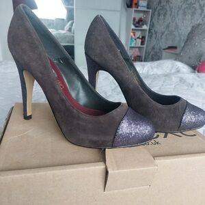 next Brown Suede Pumps with Purple Glitter Cap Toe